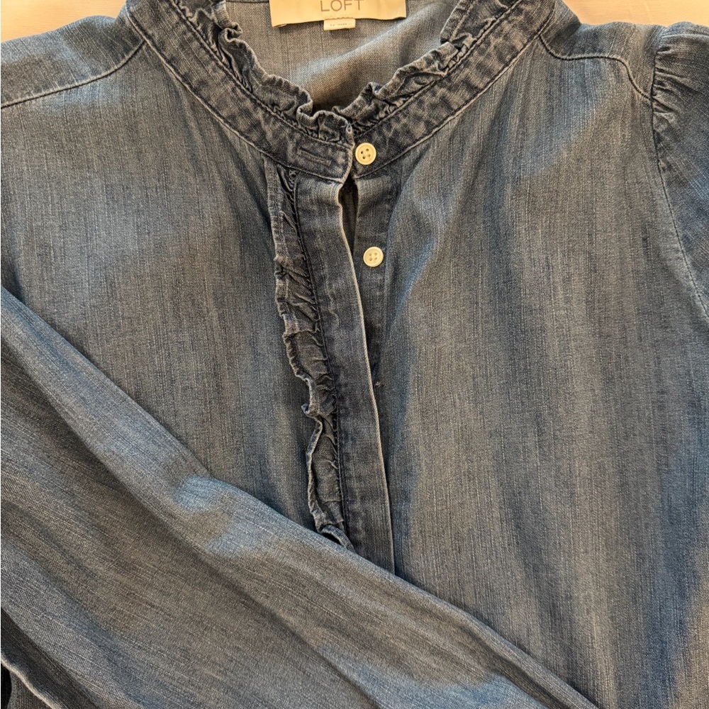 LOFT Chambray Ruffle-Trim Popover Top - Blue